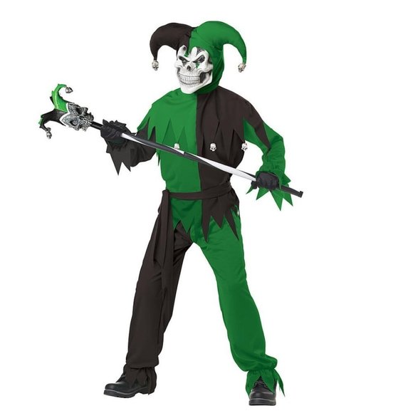 Jester Clown Halloween Costume 8/10 Green Evil 5 Pc Top Pants Hood Mask Boys - Picture 1 of 6